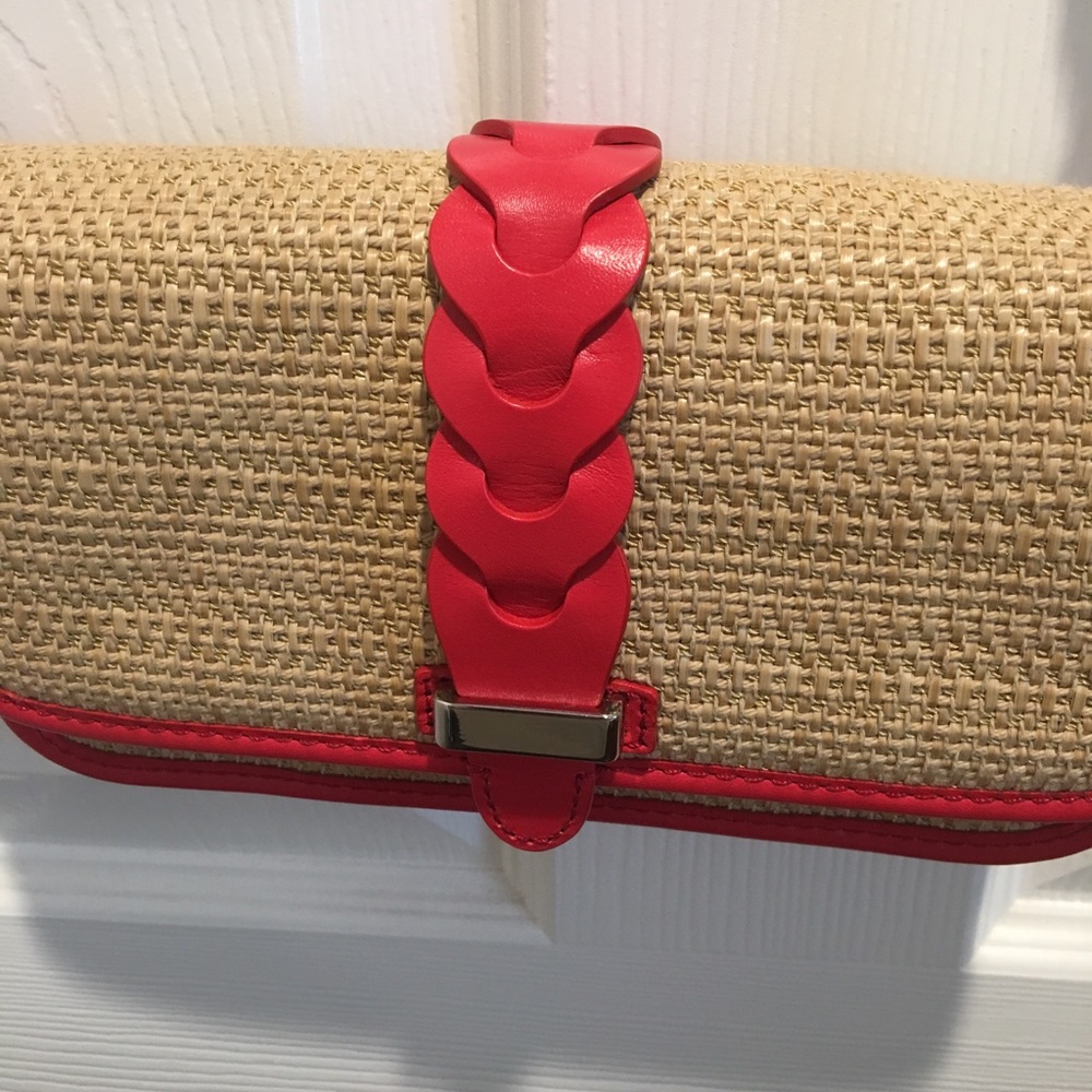 Cole Han red straw Bedford flap shoulder bag